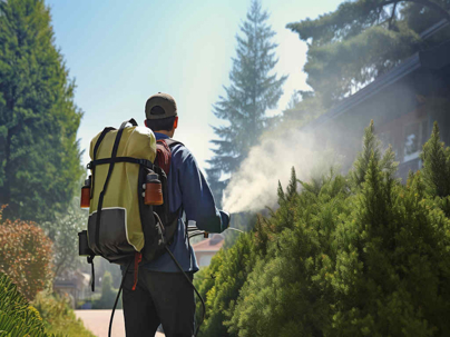 man spraying plants in a yard